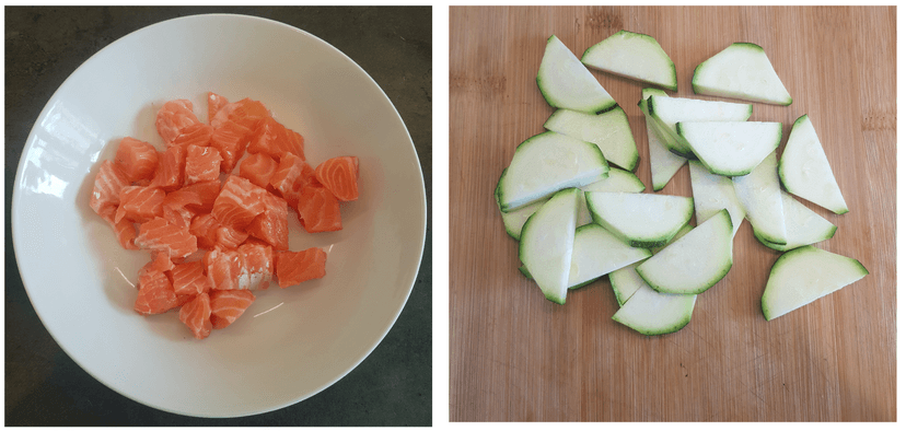 Pavé de saumon découpé en cube et déposé dans une assiette et courgette découpé en fines lamelles